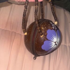 Handcrafted Coconut Shell Bag with Purple Floral Design
